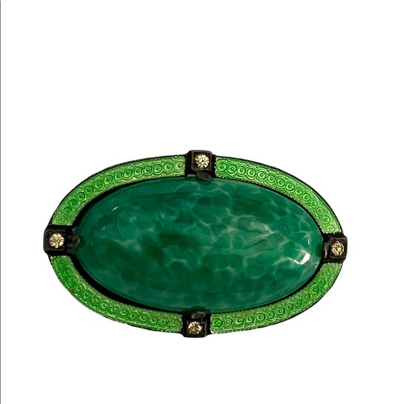 Vintage green glass and enamel brooch - Picture 1 of 5